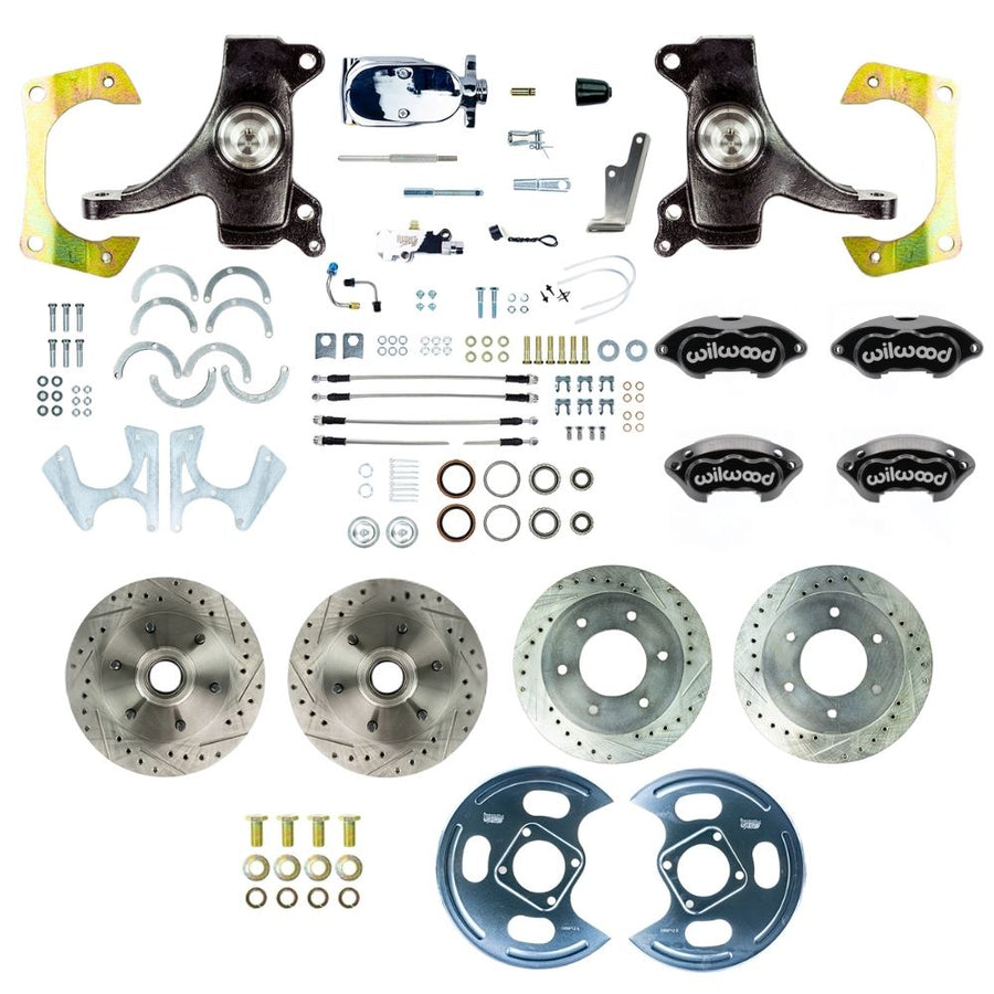 The Right Stuff 1963-70 GM Truck/Suburban, 2" Drop, Performance Series Manual 4-Wheel Disc Kit Black Wilwood Calipers, Drilled and Slotted Rotors, Braided Stainless Hoses, and Chrome Booster Master Assembly - (TSD6346DBXP)