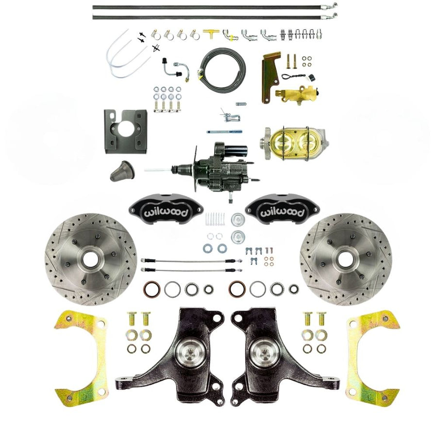 The Right Stuff 1967-70 Chevy C10/15 Truck/Sub, 2" Drop, Performance Series Hydraulic Brake Assist Front Disc Brake Kit, Black Wilwood Calipers, Drilled and Slotted Rotors, and Braided Stainless Hoses 6x5.5 - (THB6726DBP)