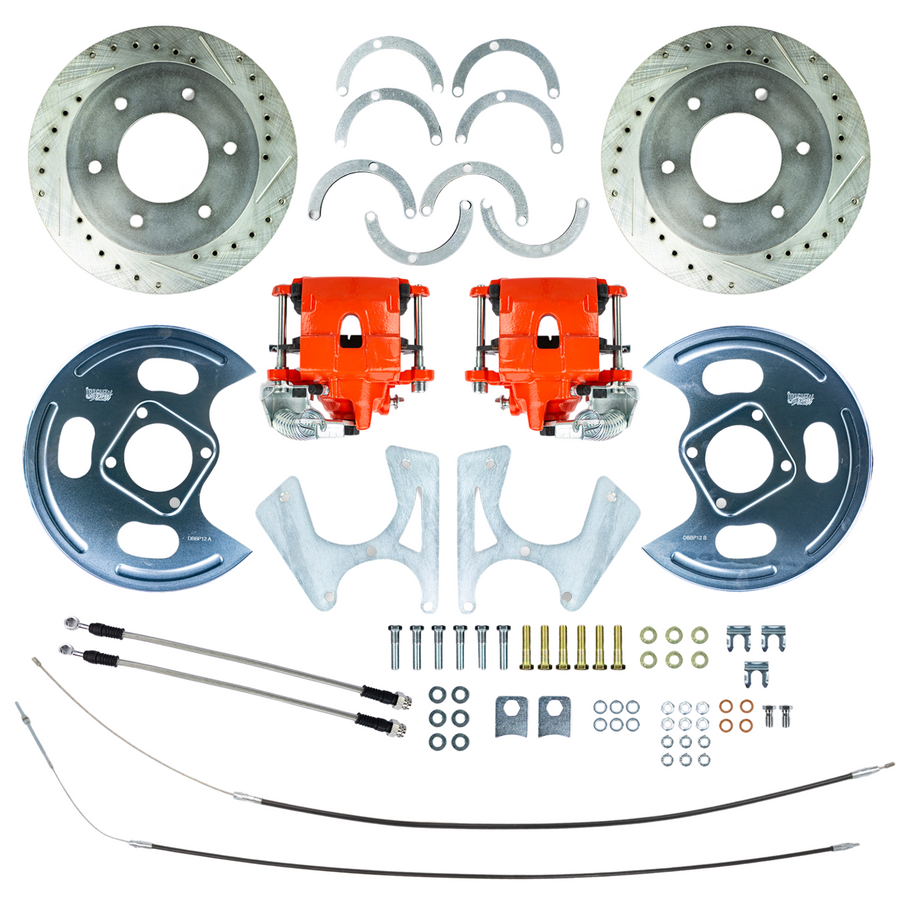 The Right Stuff 1973-1987 Chevy/GMC Truck Rear Disc Brake Conversion Kit, with Red Calipers, Drilled and Slotted Rotors, Backing Plates and E-brake Cables, 6 Lug - (TRD4846Z)