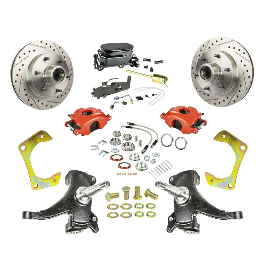 The Right Stuff 63-70 GM Truck & Sub, 2" Drop Std Front Disc Brake Kit, Red Calipers Blk Upper - (TSD6316DZY)