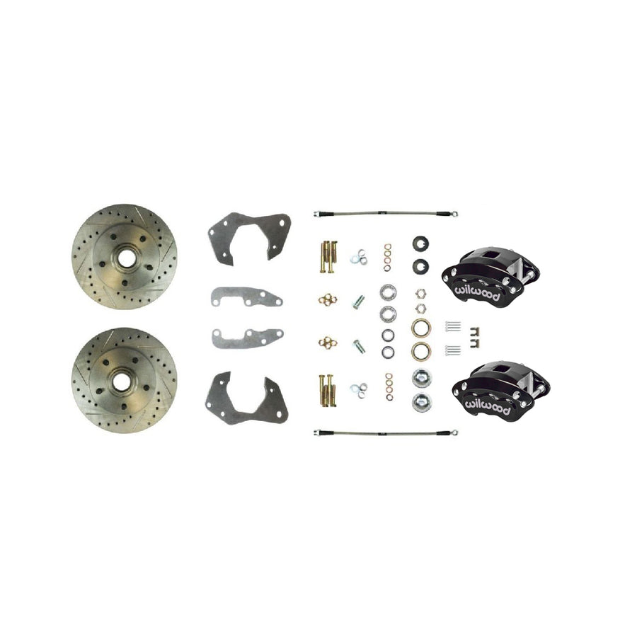 The Right Stuff 1965-68 Chevrolet Impala/Bel Air, Performance Series Front At-the-Wheel Disc Brake Kit, Black Wilwood Calipers, Drilled and Slotted Rotors, and Braided Stainless Hoses - (FSC66WKCS)