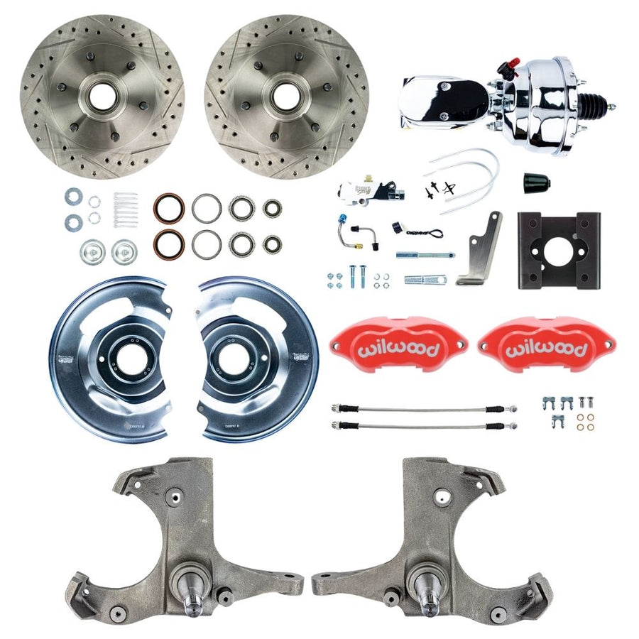 The Right Stuff 1963-66 Chevy/GMC Truck Performance Series, Power Disc Brake Conversion Kit, Red Wilwood Calipers, Drilled and Slotted Rotors, Braided Stainless Hoses, and Chrome Booster Master Assembly - (TDC6326ZXP)