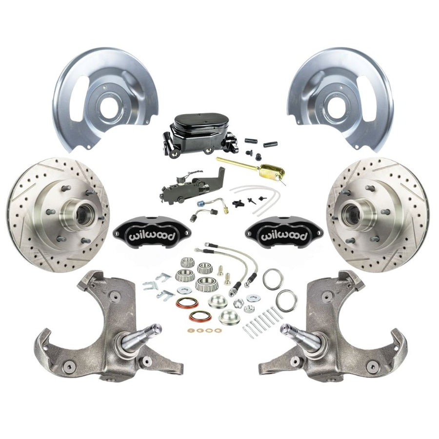 The Right Stuff 1963-70 Chevy/GMC Truck/Suburban, Manual Front Disc Brake Kit with Black Wilwood Calipers, Drilled and Slotted Rotors, Braided Stainless Hoses, and Black Booster Master Assembly, 6 Lug - (TSD6316BYP)