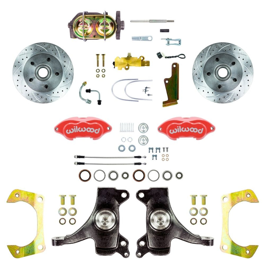 The Right Stuff 1960-62 Chevy/GMC Truck & Suburban Performance Series 2" Drop, Power Front Disc Brake Conversion, Red Wilwood Calipers, Drilled and Slotted Rotors, and Braided Stainless Hoses - (TSD6015DZP)