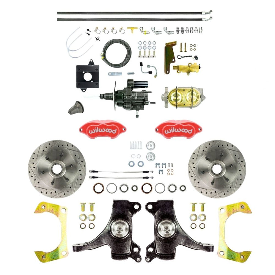 The Right Stuff 1960-62 Chevy/GMC Truck/Suburban Hydraulic Brake Assist Performance Series 2" Drop, Front Disc Brake Conversion Kit, Red Wilwood Calipers, Drilled and Slotted Rotors, and Braided Stainless Hoses - (THB6016DZP)