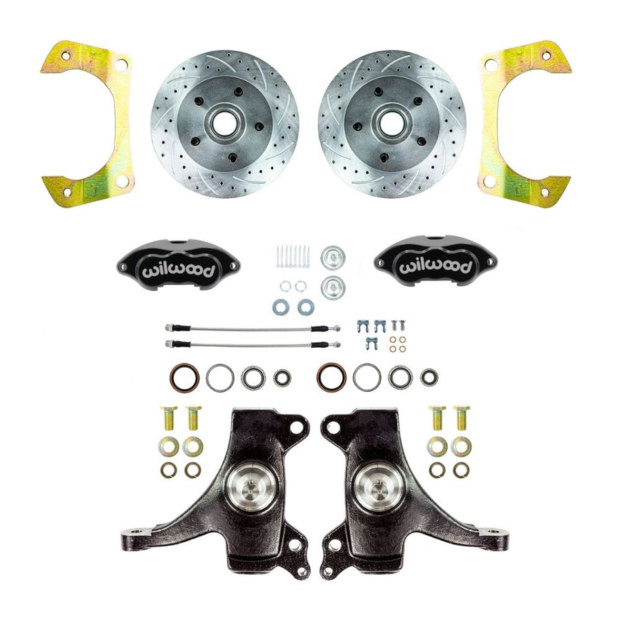The Right Stuff 1960-62 GM/Chevy Truck/Suburban 2WD 2" Drop, Performance Series At The Wheel Disc Brake Kit, Black Wilwood Calipers, Drilled and Slotted Rotors, and Braided Stainless Hoses - (TWK6015DBP)