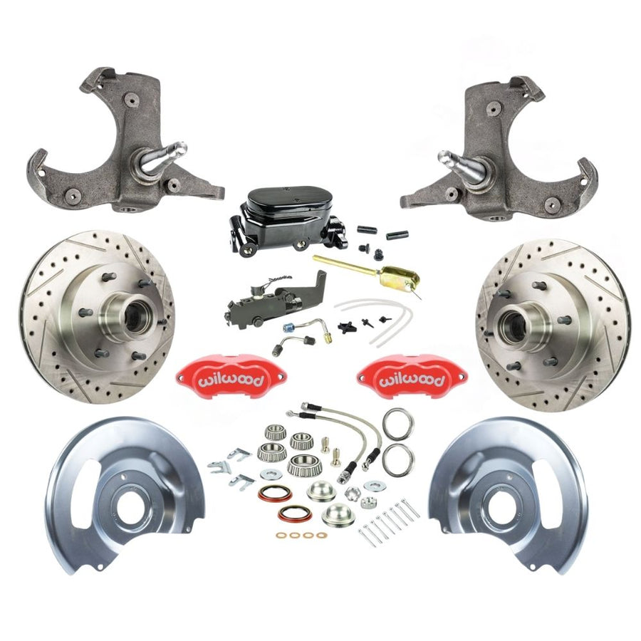 The Right Stuff 1960-62 Chevy/GMC Truck/Suburban Performance Series, Standard Front Disc Brake Conversion Kit, Red Wilwood Calipers, Drilled and Slotted Rotors, Stainless Hoses, and Black Booster Master Assembly - (TSD6016ZYP)