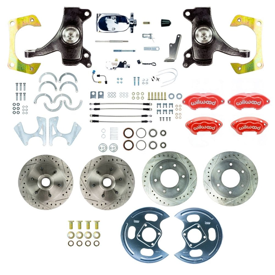 The Right Stuff 1963-70 GM Truck/Suburban, 2" Drop, Performance Series Manual 4-Wheel Disc Kit; Red Wilwood Calipers, Drilled and Slotted Rotors, Braided Stainless Hoses, and Chrome Booster Master Assembly - (TSD6346DZXP)