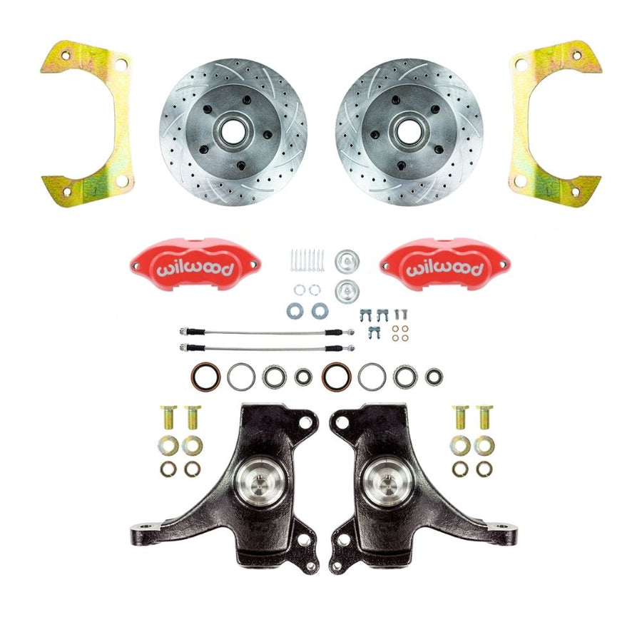 The Right Stuff 1960-62 GM/Chevy Truck/Suburban 2WD 2" Drop, Performance Series At The Wheel Disc Brake Kit, with Red Wilwood Calipers, Drilled and Slotted Rotors, and Braided Stainless Hoses - (TWK6015DZP)