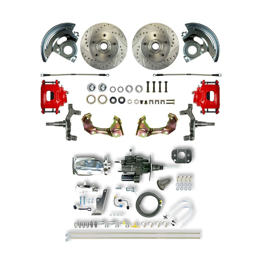 The Right Stuff 67-74 GM F/X-Body Chrome Hydraulic Brake Assist, 2" Drop, Front Disc Brake Kit Red Calipers - (AFXHB02DZX)