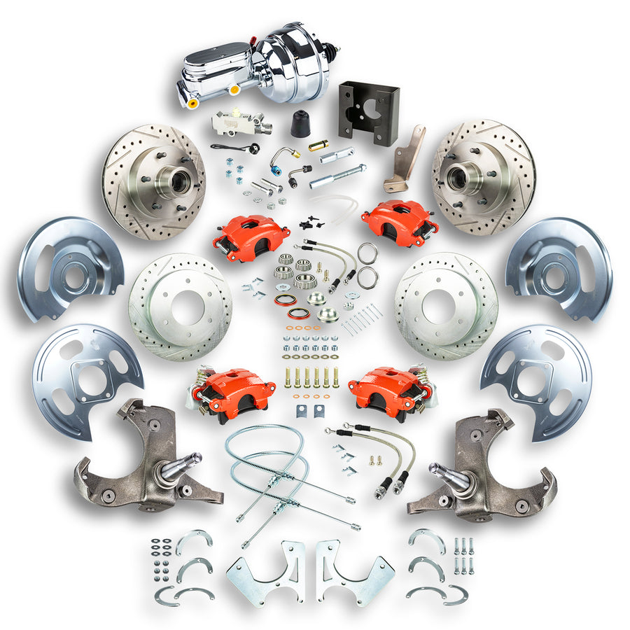 The Right Stuff 63-66 GM C10/C15 Truck/Sub 2WD, Pwr 4-Wheel Disc Kit, Red Calipers, Chrome Upper 6x5.5 Bolt Pattern - (TDC6356ZX)