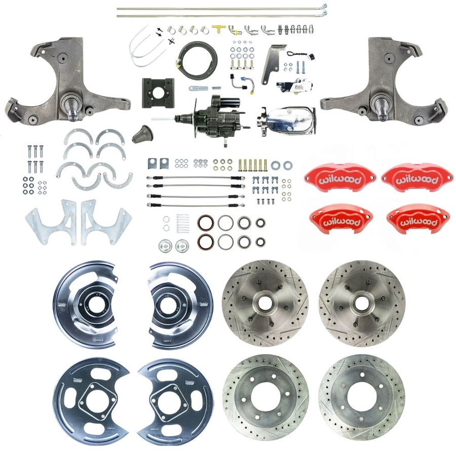 The Right Stuff 1963-66 GM/Chevy C10/C15 Truck/Sub 2WD, Performance Series Hydraulic Brake Assist 4-Wheel Disc Kit, Red Wilwood Calipers, Drilled and Slotted Rotors, Stainless Hoses, Chrome Upper Assembly - (THB6356ZXP)