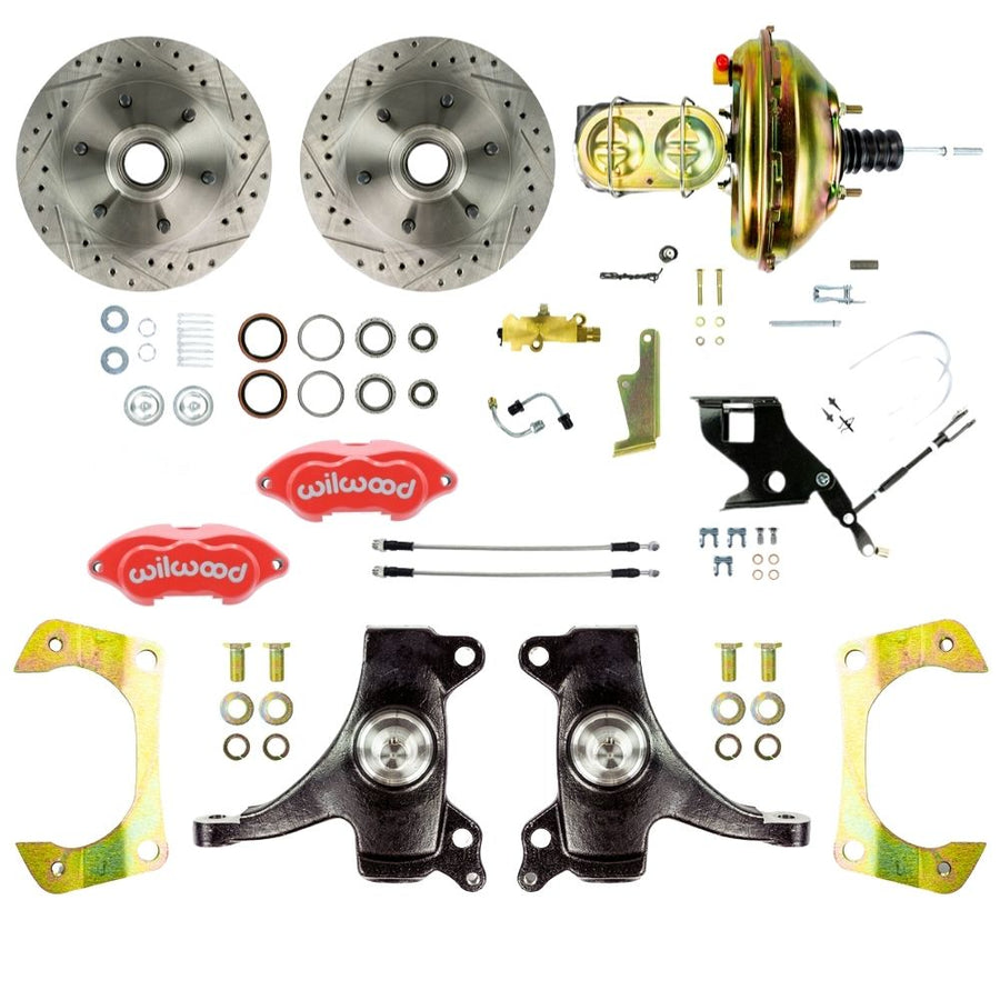 The Right Stuff 1967-70 Chevy C10/C15 Truck/Suburban 2" Drop, Performance Series Power Front Disc Kit, Red Wilwood Calipers, Drilled and Slotted Rotors, and Braided Stainless Hoses 6x5.5 Bolt Pattern - (TDC6726DZP)