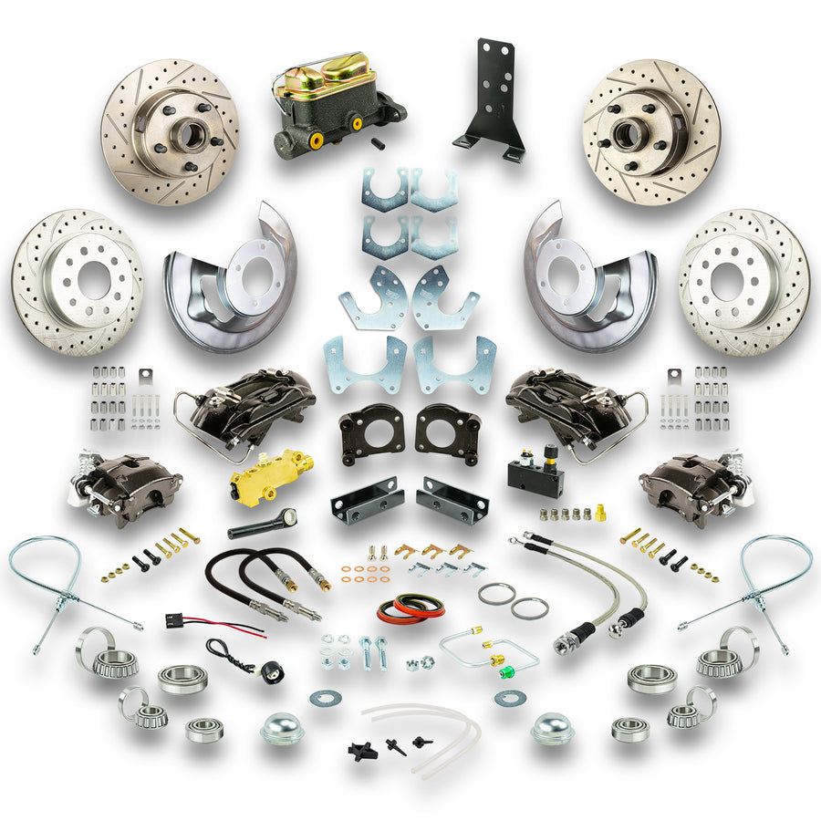 The Right Stuff 1967-69 Ford Manual 4 Wheel Disc Conv Kit, with Small Ford 9" or 8" Rear End, Drilled/Slotted Rotors, Black Calipers - (ZSD6758S)