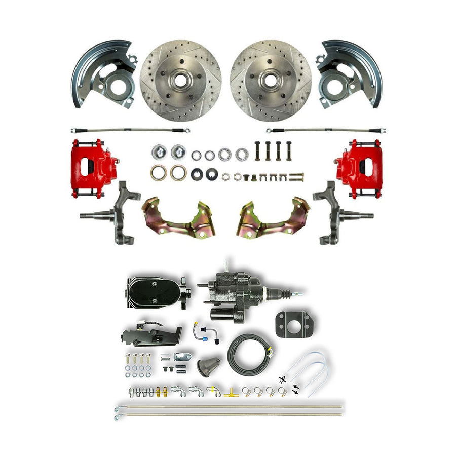 The Right Stuff 67-74 GM F/X-Body Black Hydraulic Brake Assist, 2" Drop, Front Disc Brake Kit Red Calipers - (AFXHB02DZY)