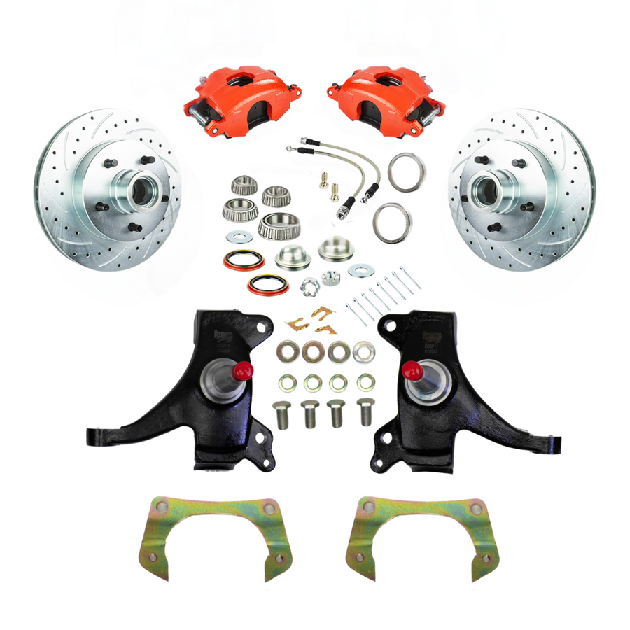 The Right Stuff 71-72 GM Truck/Suburban, 2WD, 2" Drop At The Wheel Disc Brake Kit Red Calipers - (TWK7125DZ)