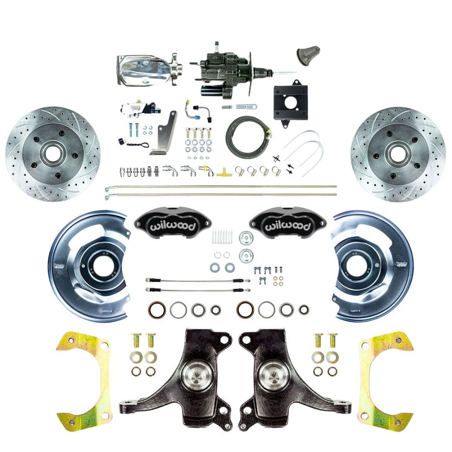 The Right Stuff 1960-62 GM Truck & Suburban, 2" Drop Hydraulic Brake Assist Performance Series, Front Disc Kit Black Wilwood Calipers, Drilled and Slotted Rotors, Stainless Hoses and Chrome Upper Assembly - (THB6015DBXP)