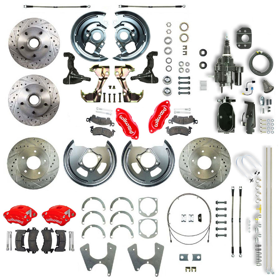 The Right Stuff 67-69 GM F-Body, Staggered, Black Hydraulic Brake Assist 4 Wheel Disc Conv Red Calipers - (AFXHB25CZY)