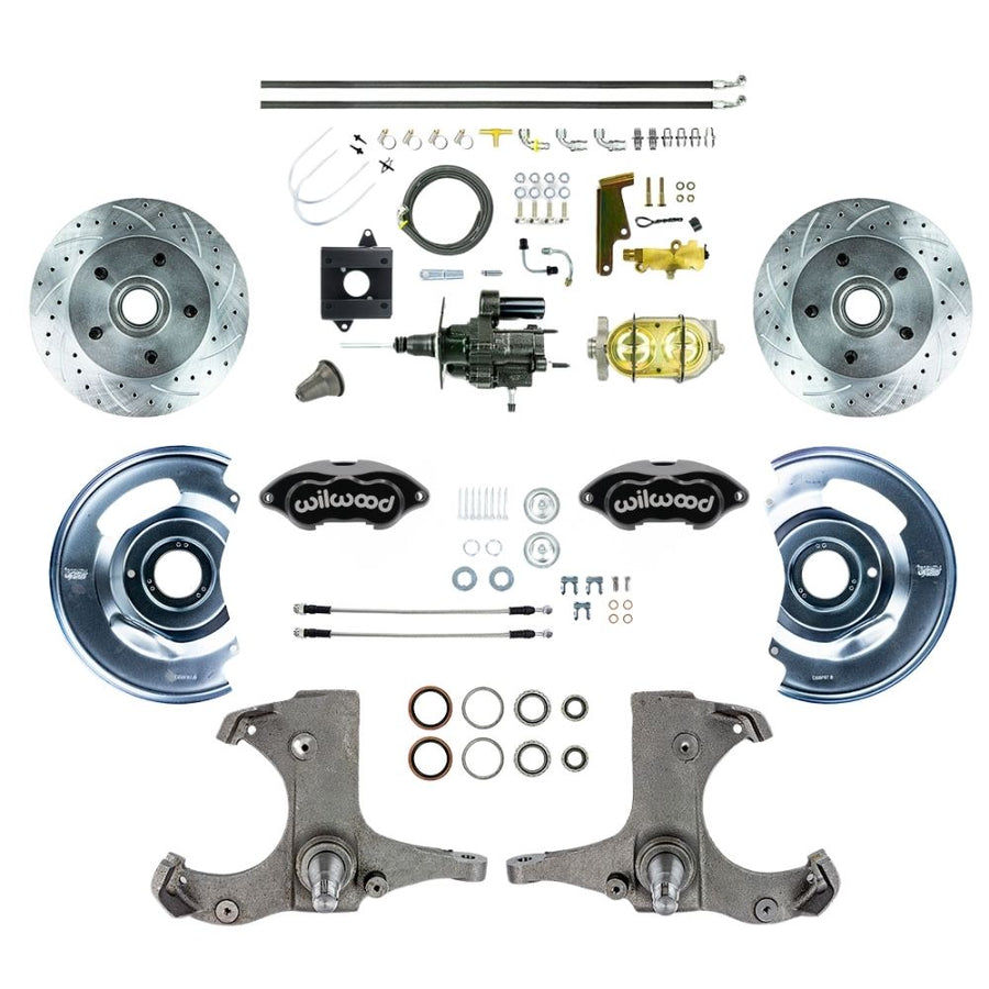 The Right Stuff 1960-62 Chevy/GMC Truck/Suburban Hydraulic Brake Assist Front Disc Brake Conversion with Black Wilwood Calipers, Drilled and Slotted Rotors, and Braided Stainless Hoses - (THB6015BP)