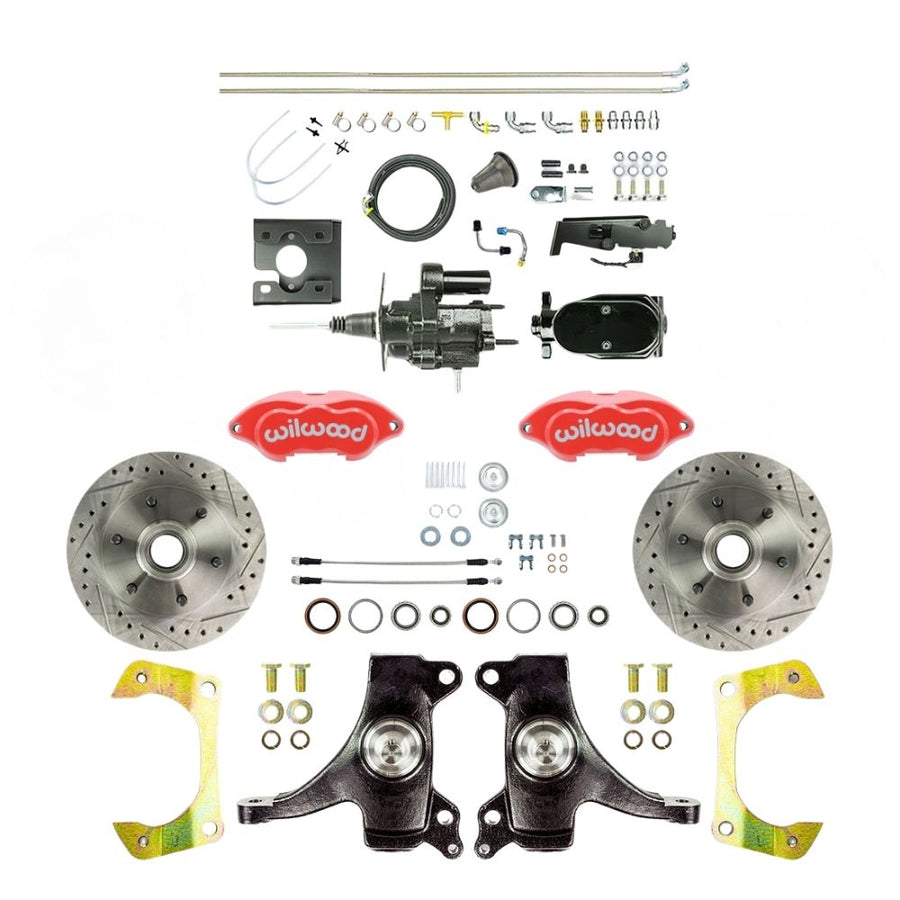 The Right Stuff 1967-70 GM C10/C15 Truck/Suburban 2" Drop, Performance Series Hydraulic Brake Assist Front Disc Kit, Red Wilwood Calipers, Drilled and Slotted Rotors, Stainless Hoses, Black Upper Assembly - (THB6726DZYP)