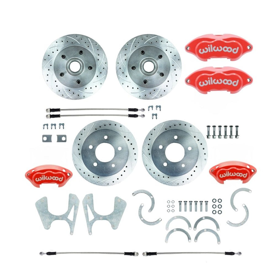 The Right Stuff 1963-70 C10 5 Lug Rear Disc Brake Conversion Kit with Matching Front Drilled and Slotted Rotors, Braided Stainless Hoses and Red Wilwood Calipers - (T63DC05ZP)