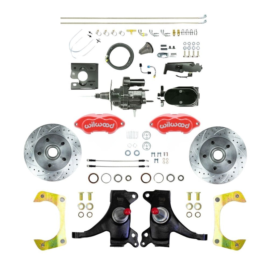The Right Stuff 1971-72 GM C10/C15 Truck/Suburban, 2" Drop Performance Series, Chrome Hydraulic Brake Assist Disc Brake Kit with Red Wilwood Calipers, Drilled and Slotted Rotors, Stainless Hoses, Black Upper Assembly - (THB7125DZYP)