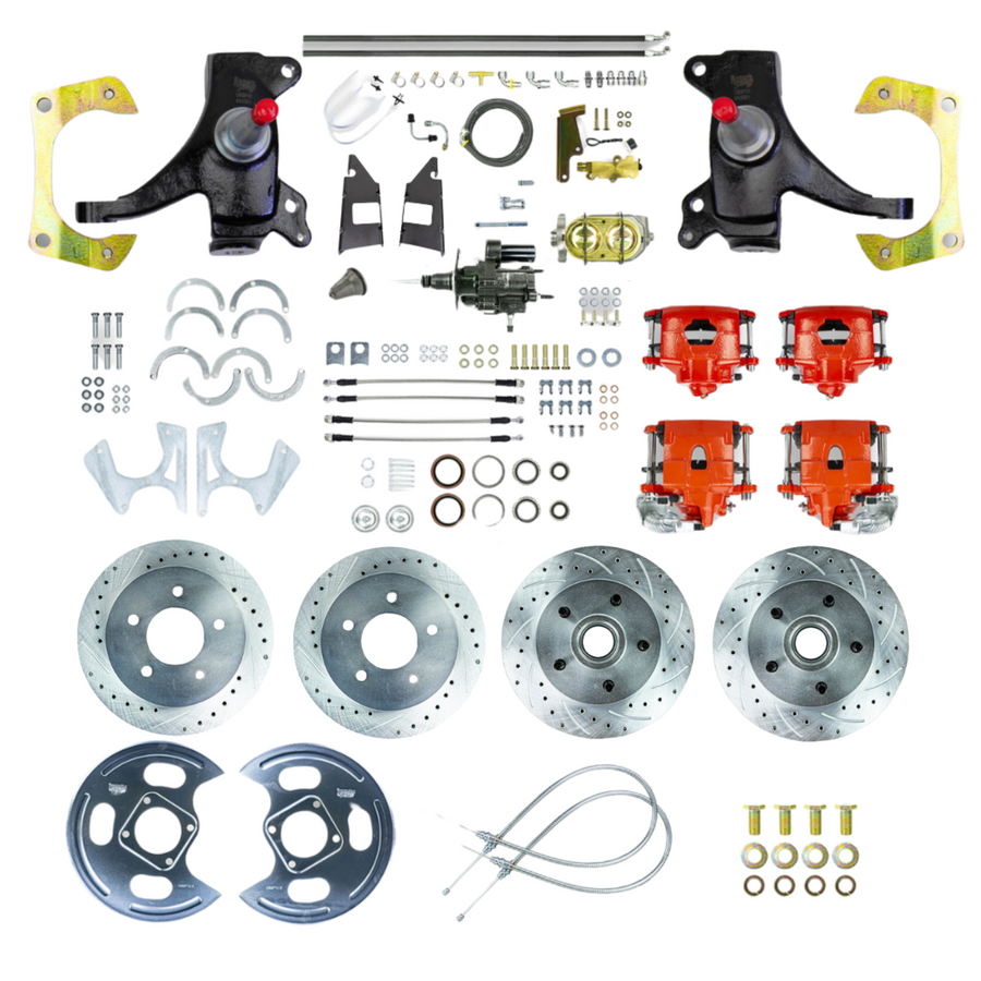 The Right Stuff 73-87 C10/C15 Truck/Sub 2" Drop Hydraulic Brake Assist 4-Wheel Disc Brake Kit Red Calipers - (THB7355DZ)