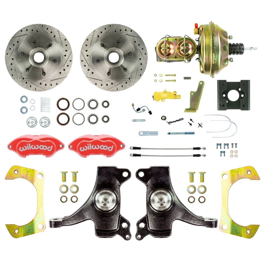The Right Stuff 1963-66 Chevy/GMC Truck Performance Series, 2" Drop, Power Disc Brake Conversion, Red Wilwood Calipers, Drilled and Slotted Rotors, Braided Stainless Hoses, and Chrome Booster Master Assembly - (TDC6326DZP)