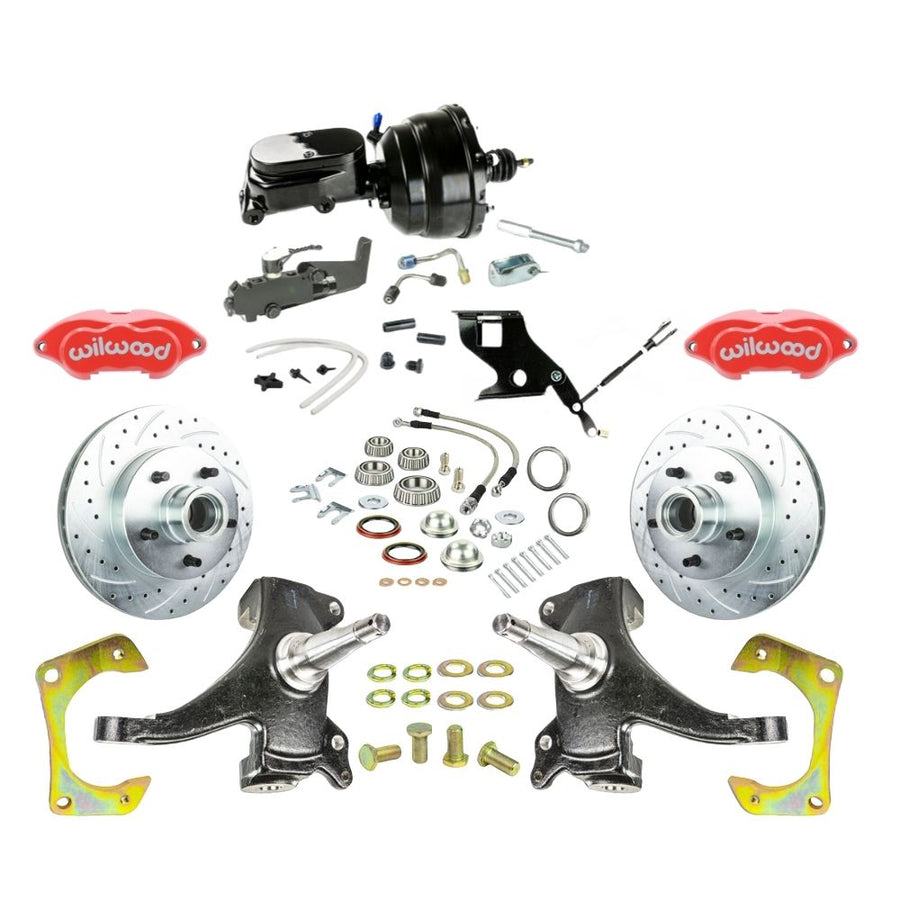 The Right Stuff 67-70 GM C10/15 Truck/Suburban Performance Series 2" Drop Power Front Brake Kit Red Wilwood Calipers, Drilled and Slotted Rotors, Braided Stainless Hoses, and Black Booster Master Assembly - (TDC6725DZYP)