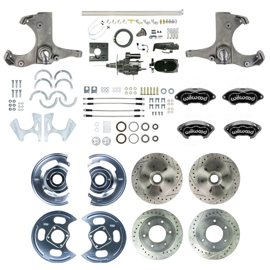 The Right Stuff 1967-70 GM/Chevy C10/C15 Truck/Sub, 2WD, Performance Series Hydraulic Brake Assist 4-Wheel Front Disc Kit Black Wilwood Calipers, Drilled and Slotted Rotors, Stainless Hoses, Black Upper Assembly - (THB6756BYP)