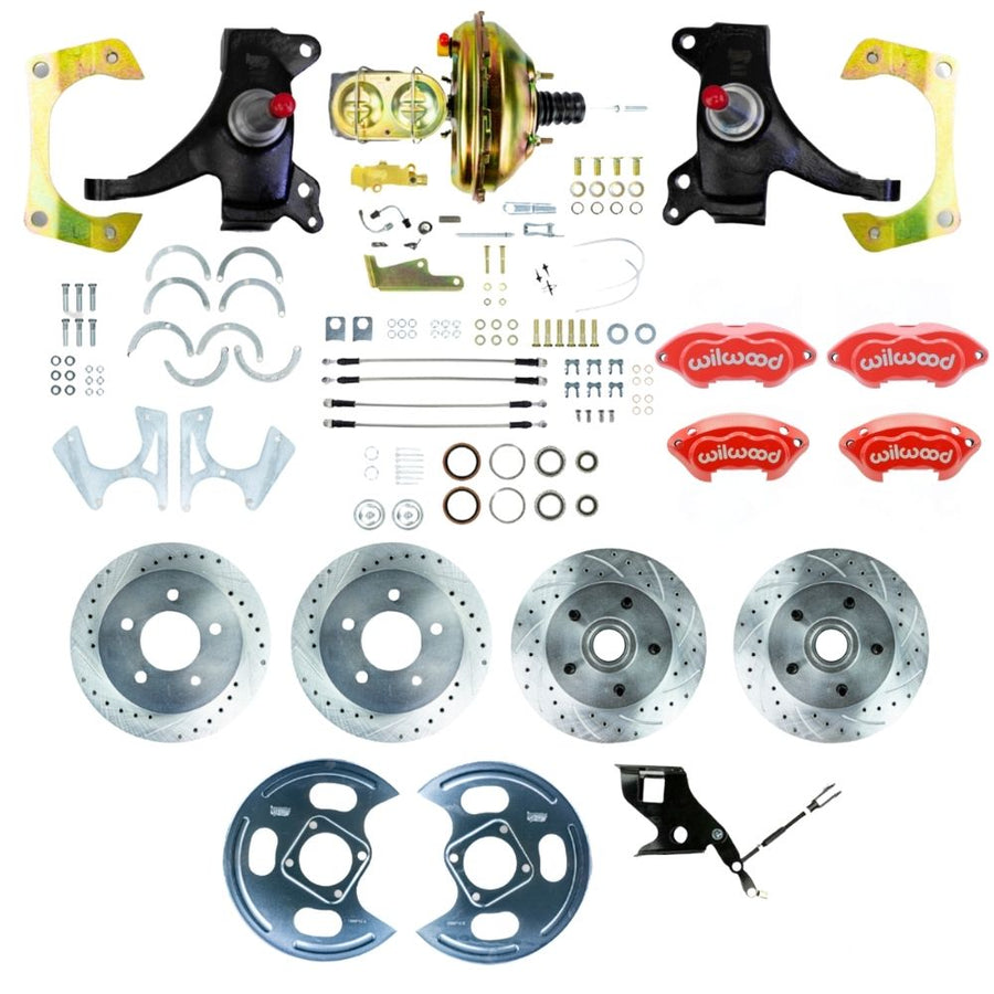 The Right Stuff 1971-72 GM C10/C15 Truck/Suburban 2" Drop Performance Series Power 4-Wheel Disc Kit with Red Wilwood Calipers, Drilled and Slotted Rotors, and Braided Stainless Hoses - (TDC7155DZP)