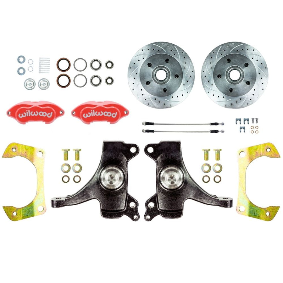 The Right Stuff 1963-70 GM/Chevy Truck/Suburban, 2WD, 2" Drop Performance Series At-The Wheel-Disc Brake kit, Red Wilwood Calipers, Drilled and Slotted Rotors, and Braided Stainless Hoses 5 Lug - (TWK6315DZP)
