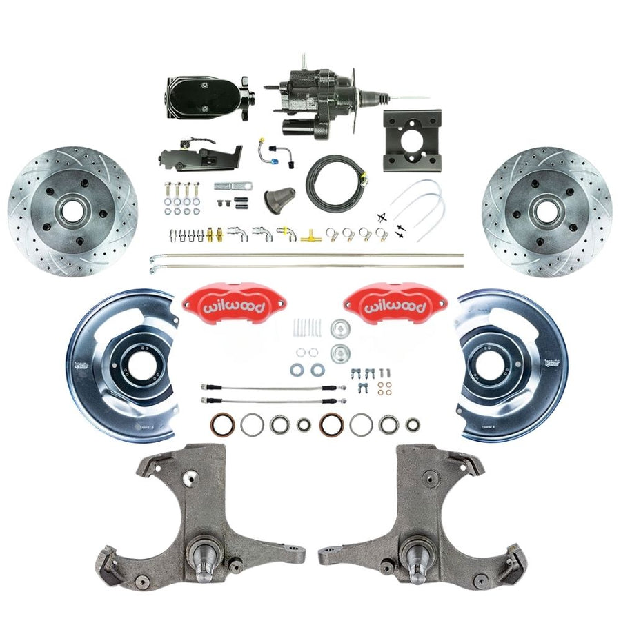 The Right Stuff 1963-66 GM Truck/Suburban, Performance Series Black Hydraulic Brake Assist Front Disc Brake Conversion, Red Wilwood Calipers, Drilled and Slotted Rotors, Stainless Hoses, Black Upper Assembly - (THB6325ZYP)