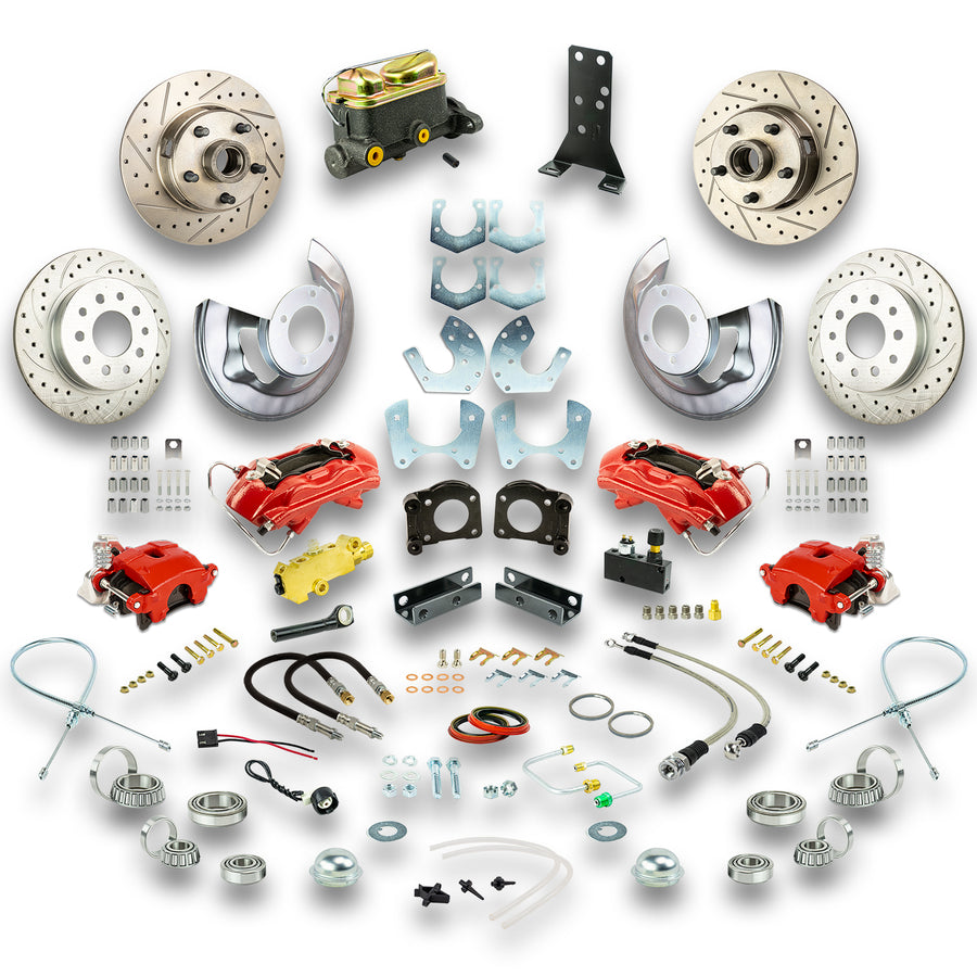 The Right Stuff 1967-69 Ford Manual 4 Wheel Disc Conv Kit, with Small Ford 9" or 8" Rear End, Drilled/Slotted Rotors, Red Calipers - (ZSD6758Z)