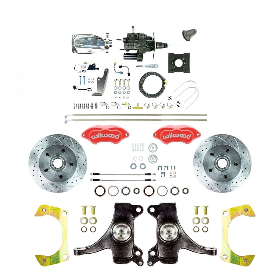The Right Stuff 1963-66 Chevy/GMC Truck Performance Series, 2" Drop, Hydro Boost Disc Brake Conversion, Red Wilwood Calipers, Drilled and Slotted Rotors, Braided Stainless Hoses, and Chrome Upper Assembly - (THB6325DZXP)