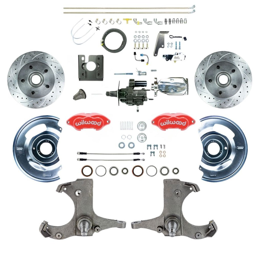 The Right Stuff 1967-70 Chevy C10/15 Truck/Suburban, Performance Series Hydraulic Brake Assist Front Disc Brake Kit, Red Wilwood Calipers, Drilled and Slotted Rotors, Stainless Hoses, Chrome Upper Assembly - (THB6725ZXP)