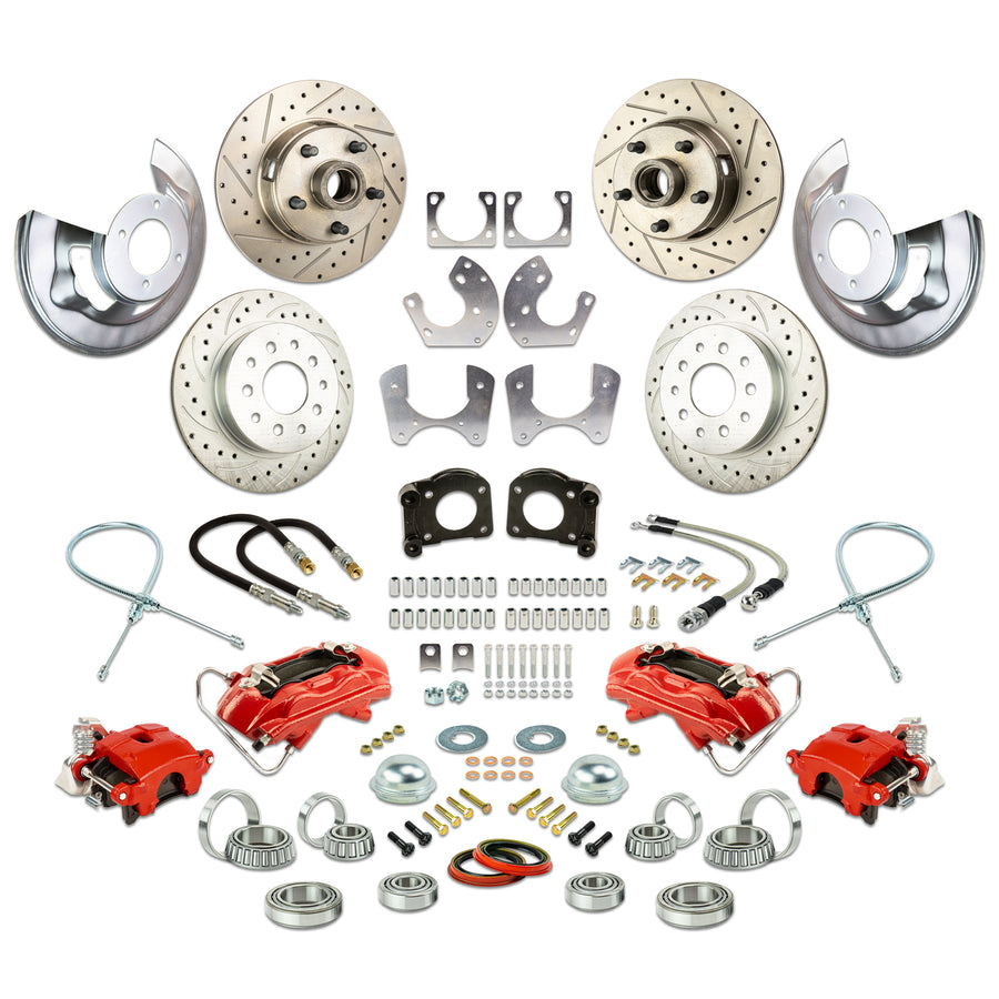 The Right Stuff 1964-73 Ford 4 Wheel Disc At-The-Wheel Conv. Large Ford 9" Rear End, Drilled/Slotted Rotors, Red Calipers - (ZWK6445Z)