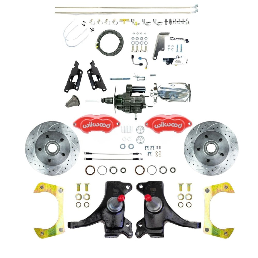 The Right Stuff 1973-87 GM C10/C15 Truck/Suburban, 2WD, 2" Drop Performance Series Chrome Hydraulic Brake Assist Disc Kit, with Red Wilwood Calipers, Drilled and Slotted Rotors Stainless Hoses, Chrome Upper Assembly - (THB7325DZXP)
