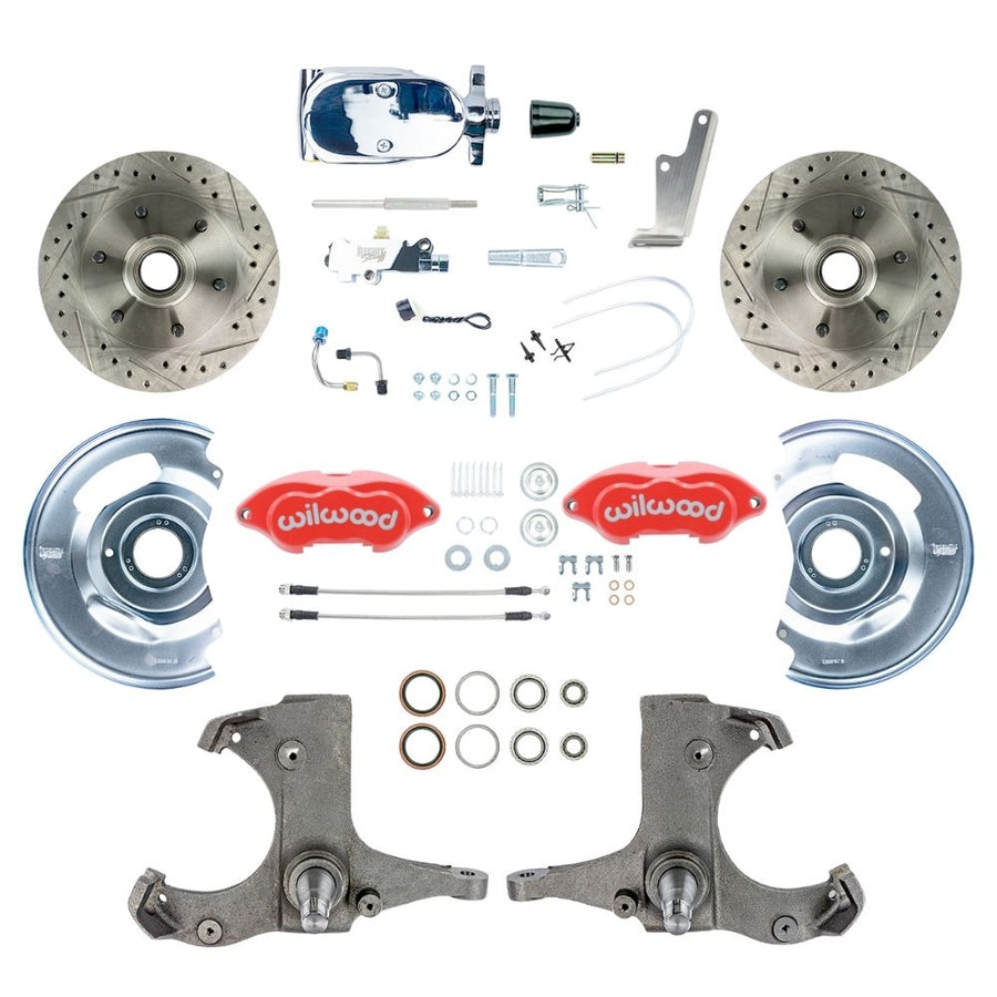 The Right Stuff 1960-62 Chevy/GMC Truck/Suburban Performance Series, Standard Front Disc Brake Conversion Kit, Red Wilwood Calipers, Drilled and Slotted Rotors, Braided Stainless Hoses, Chrome Booster Master Assembly - (TSD6016ZXP)