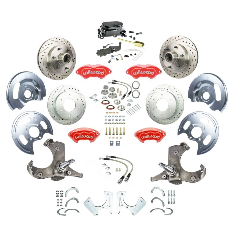 The Right Stuff 1963-70 Chevy/GMC Truck & Suburban Performance Series Manual 4-Wheel Disc Brake Kit, Red Wilwood Calipers, Drilled and Slotted Rotors, Braided Stainless Hoses, and Black Booster Master Assembly - (TSD6346ZYP)