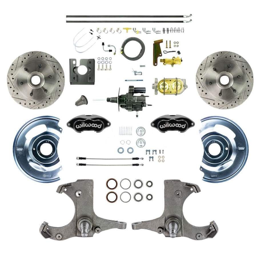 The Right Stuff 1967-70 Chevy C10/15 Truck/Suburban, Performance Hydraulic Brake Assist Front Disc Brake Kit with Black Wilwood Calipers, Drilled and Slotted Rotors, Stainless Hoses, and Black Upper Assembly - (THB6726BP)